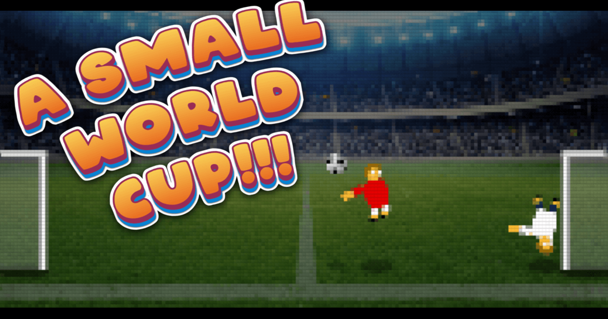 A pixelated soccer player performing a bicycle kick in the A Small World Cup arena.