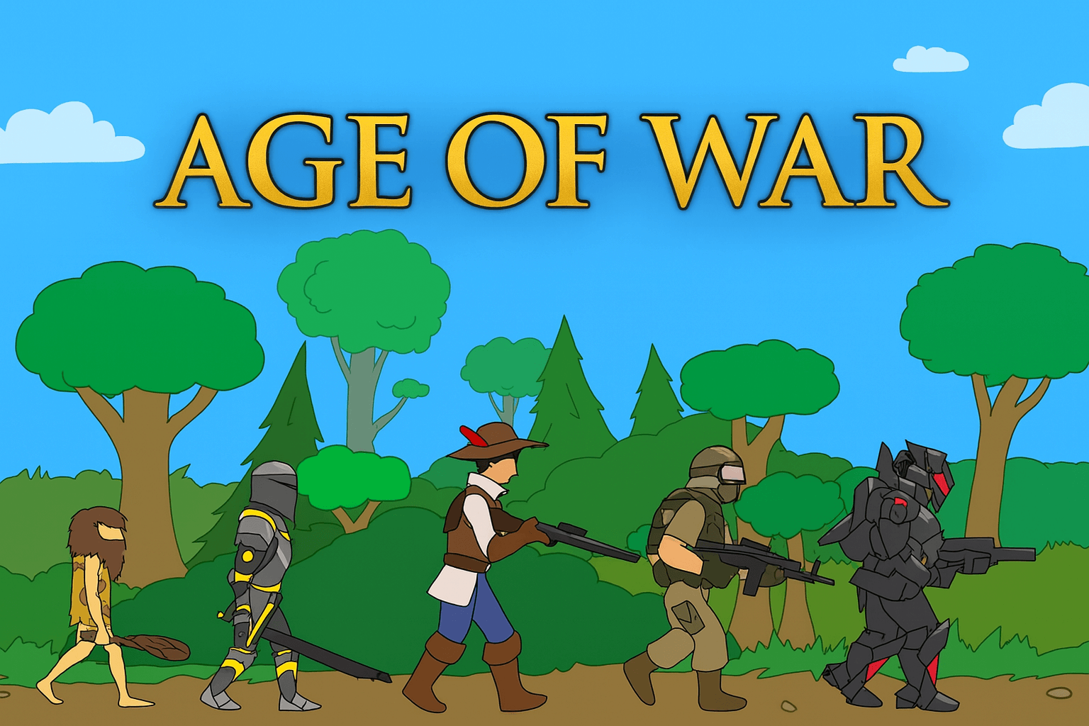 A split screen showing a Stone Age caveman facing off against a Future Age super soldier in Age of War.