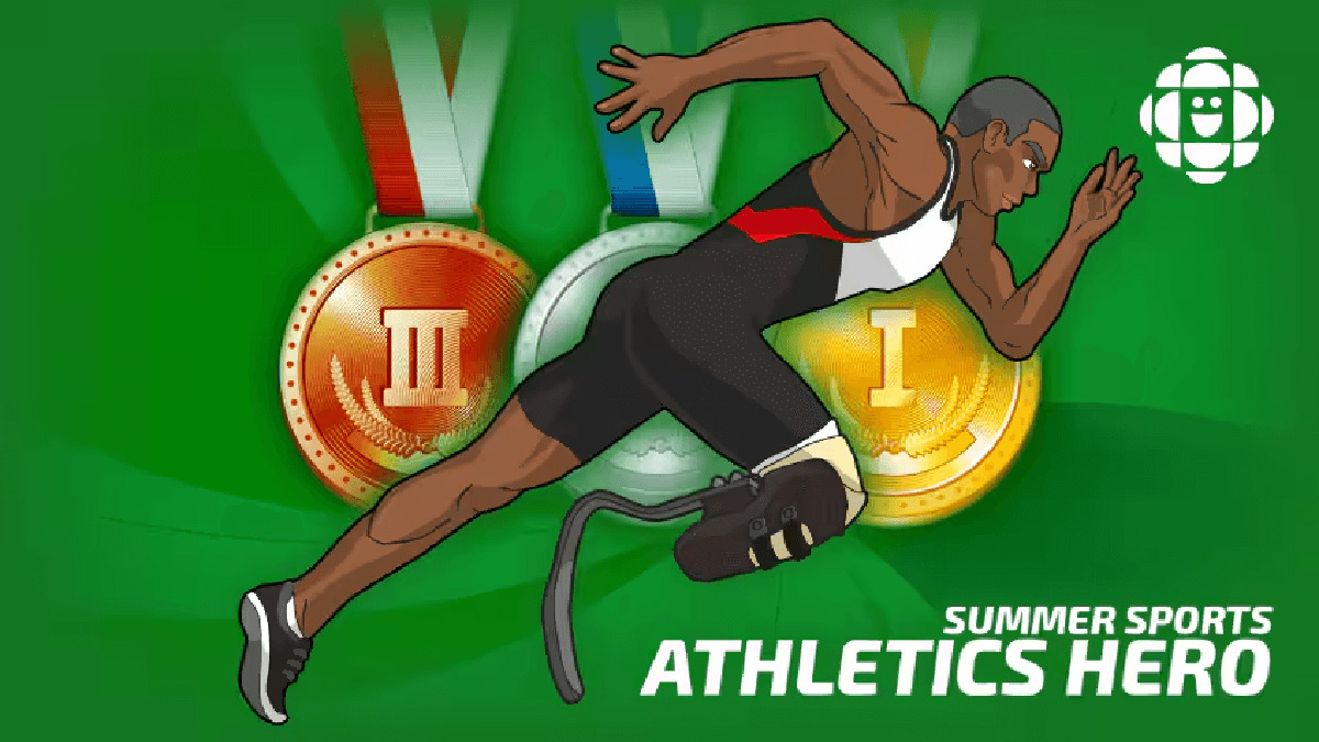 A pixelated athlete sprinting down the track in the Athletics Hero video game.