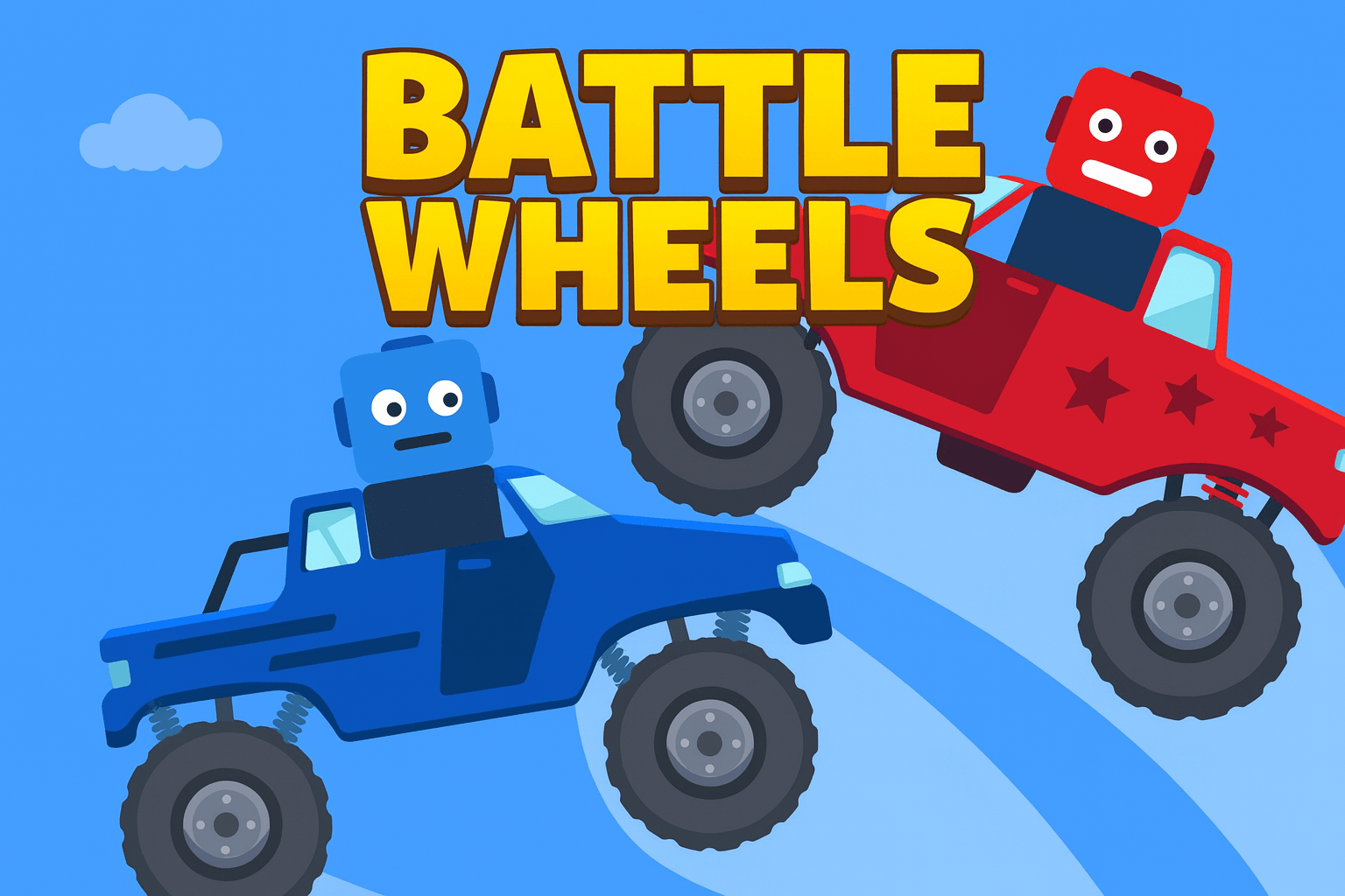Two cartoon battle cars clashing in mid-air in the Battle Wheels arena.