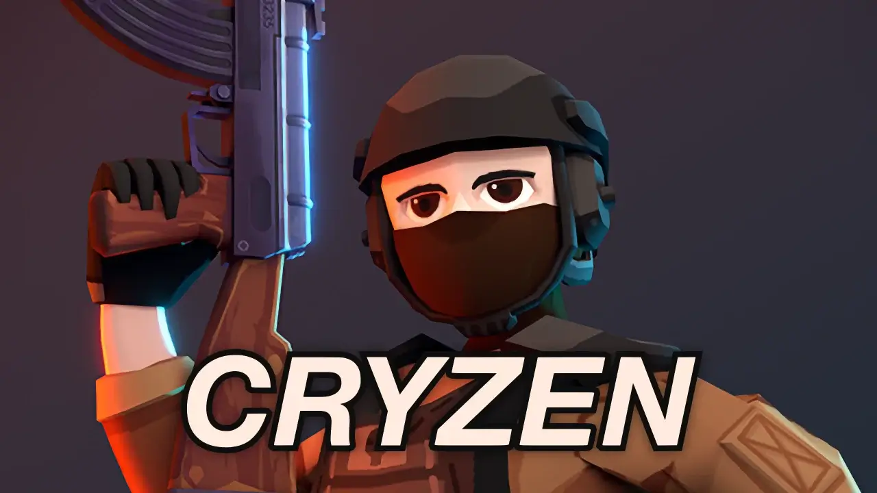 A first-person view of a tactical soldier holding a customized assault rifle in the urban arena of Cryzen.io.
