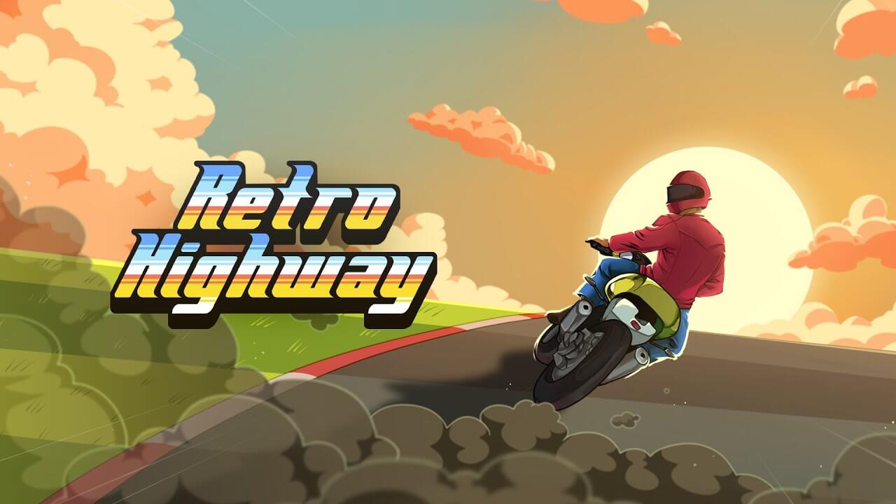 A pixelated motorcycle rider dodging traffic on a neon-lit Retro Highway.
