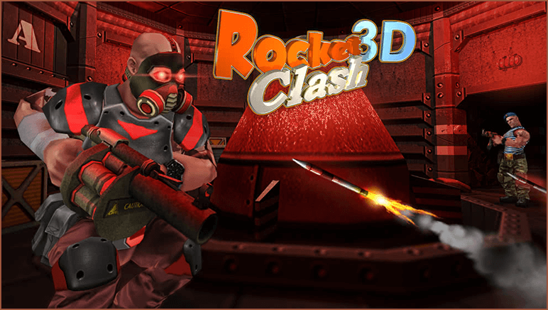 A tactical commando character holding an assault rifle in the green-lit underground missile silo of Rocket Clash 3D.