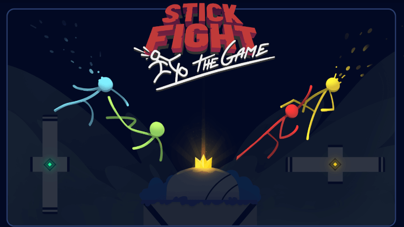 Two stick figures clashing in mid-air with glowing weapons in the Stick Fighter arena.
