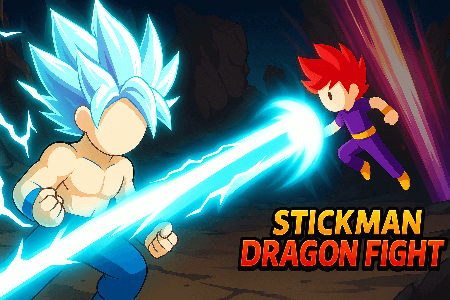 A powerful stickman warrior glowing with golden energy firing a massive blue beam attack in Stickman Dragon Fight.
