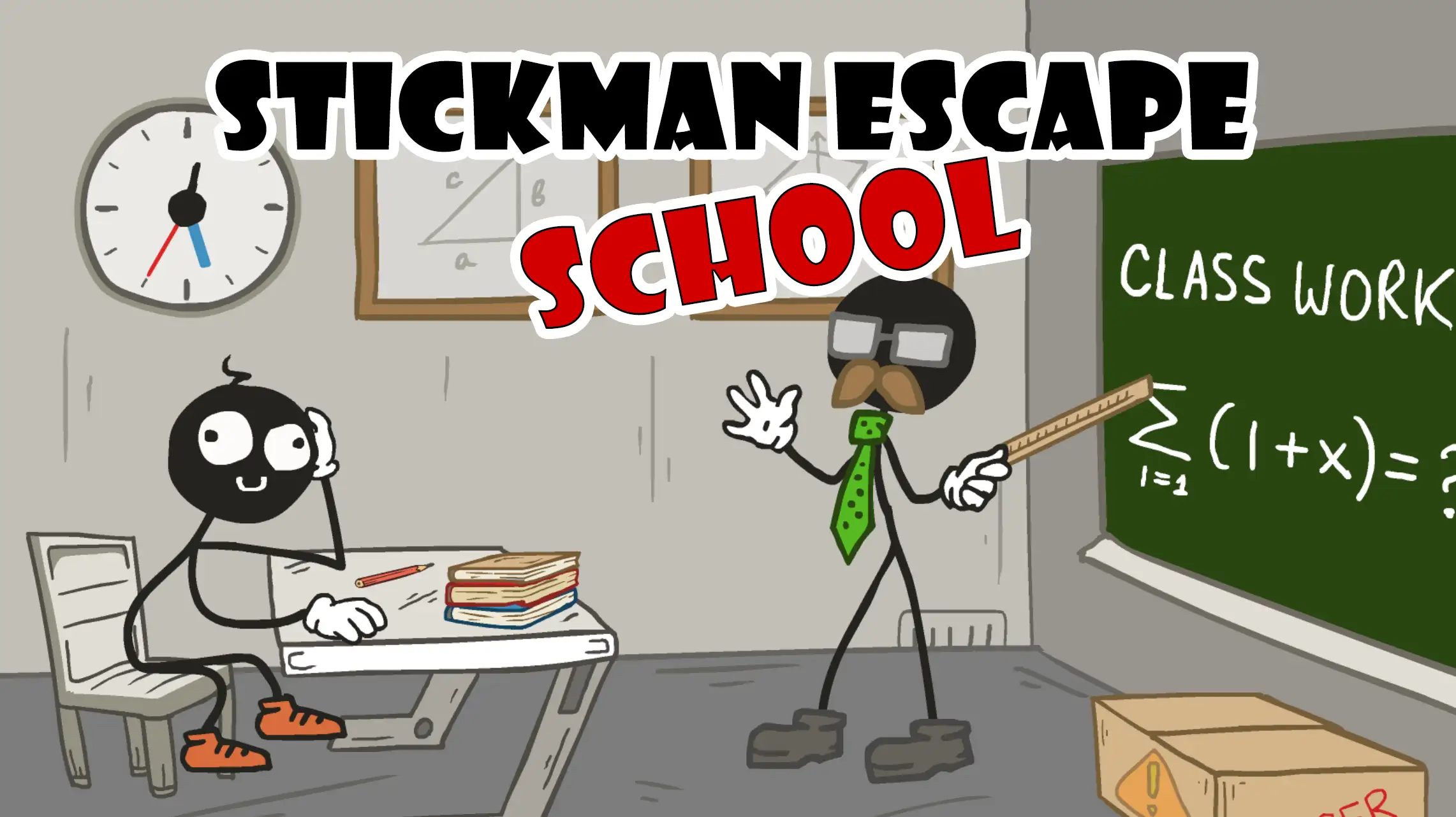 A cartoon student sneaking behind a row of lockers while an angry teacher patrols the hallway in Escape from School.