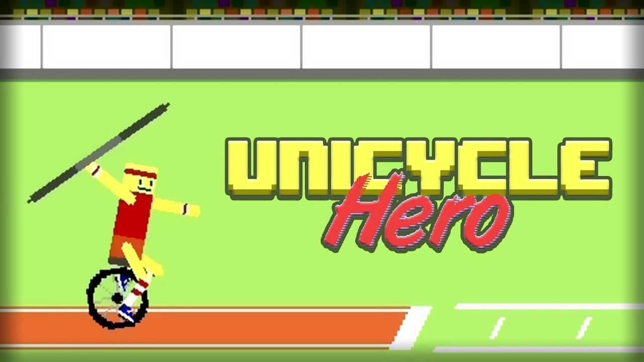 A pixelated character struggling to balance on a unicycle while holding a javelin in Unicycle Hero.