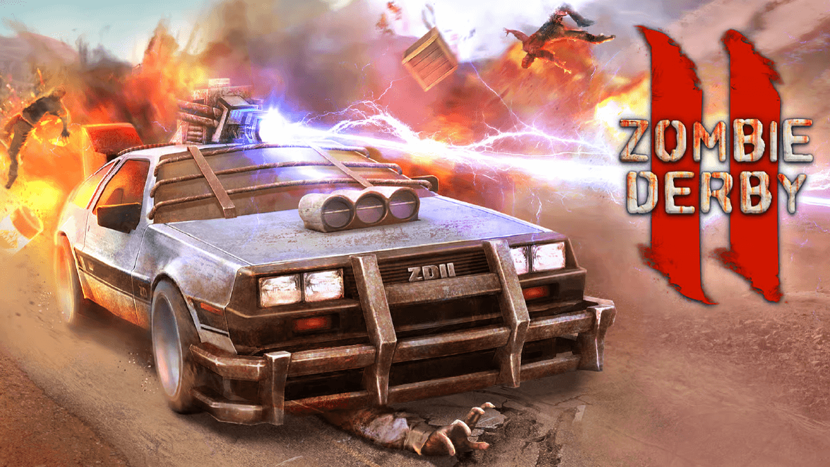 A modified post-apocalyptic truck with a machine gun mounted on top smashing through a horde of zombies in Zombie Derby.