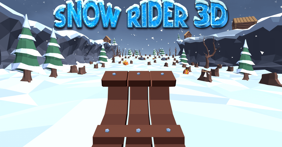 A 3D view of a wooden sleigh sliding down a snowy mountain toward a group of pine trees in the game Snow Rider 3D.