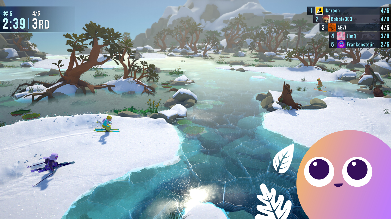 A 3D sleigh racing down a snowy mountain toward pine tree obstacles in the game Snow Riders.