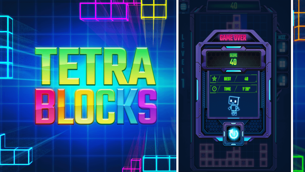 A vibrant neon grid in the Tetra Blocks game showing a star block being cleared for a high score.